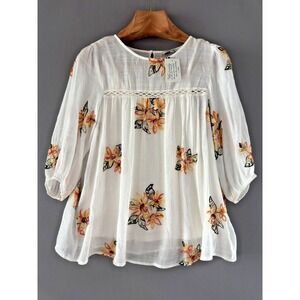 Rose & Everly Sunflower Embroidered Lace Inset Boho Cottage Blouse NWT Women's M